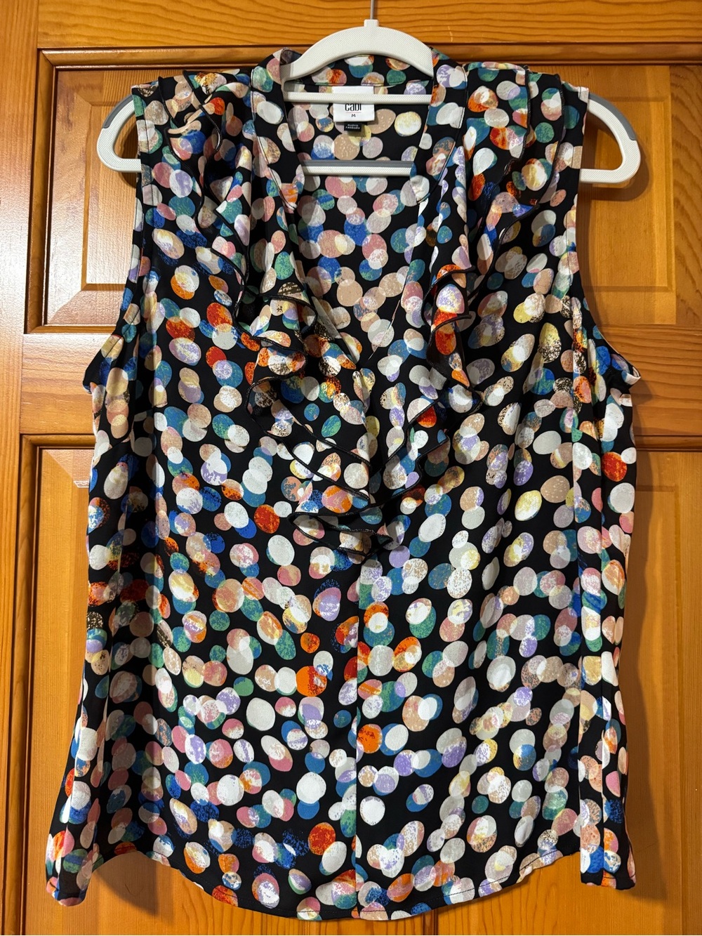 CAbi Multicolor Polka Dot Ruffle V-Neck Sleeveless Blouse